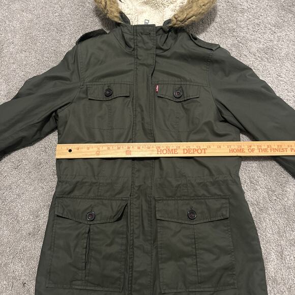 Levi's Jacket Womens Size Small Green Hooded Sherpa Lined Parka Faux Fur Trim - Picture 5 of 7
